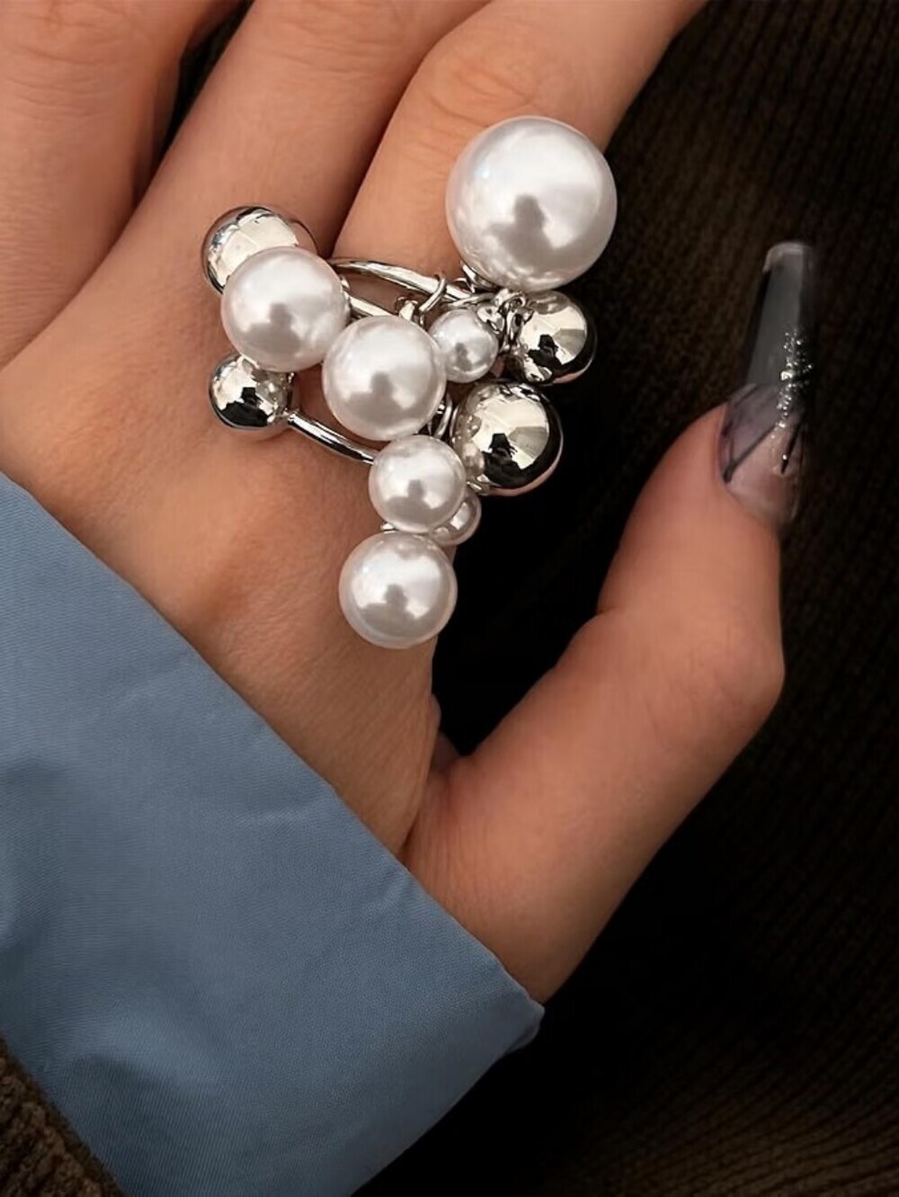Pearl Cluster Statement Ring Adjustable Silver Tone Bubble Bead